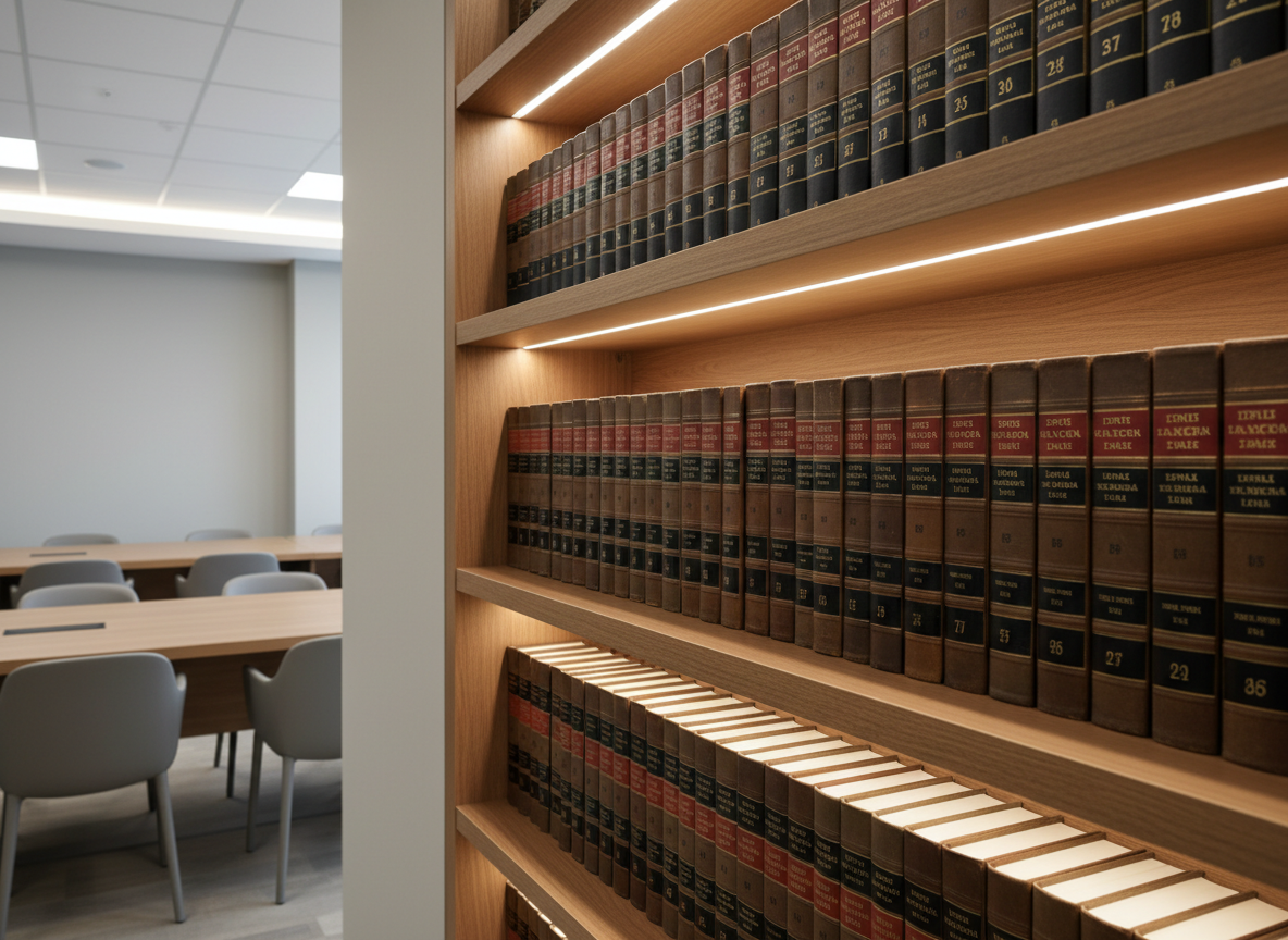 A stack of legal reference books bound in leather and cloth, in hues of rich brown, charcoal, and parchment, precisely aligned on a clean, built-in bookshelf with integrated LED accent lighting. The shelf is set within a contemporary office boasting uncluttered surfaces, structured layouts, and neutral wall tones. The scene is softly illuminated, with warm, diffused light creating gentle highlights on the spine details and casting minimal, crisp shadows that enhance the texture of the book bindings. Shot from a slightly elevated angle, the composition is balanced and harmonious, exuding a sense of gravitas, order, and academic authority, with a photographic realism that supports the firm's expertise.