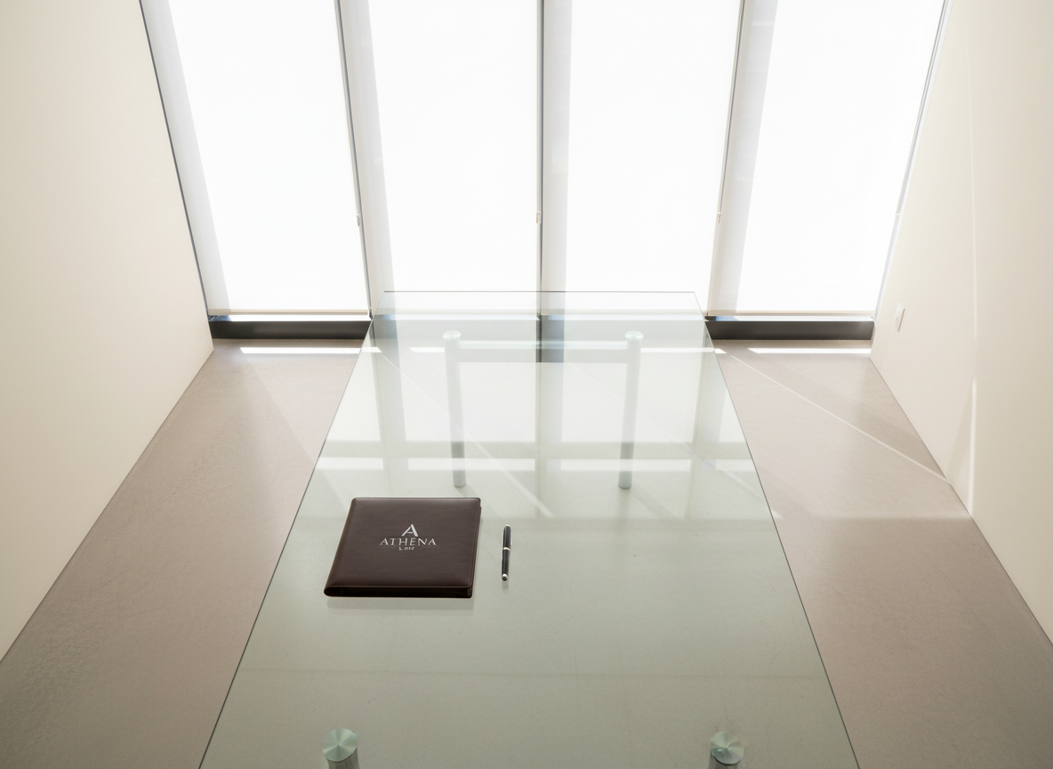 A minimalist meeting room setup featuring a pristine, rectangular glass table centered in a spacious, sunlit office. On the table, there is a single, closed leather portfolio embossed with the firm’s logo, resting beside a matte-black pen with chrome accents. The room’s neutral palette is complemented by expansive windows with sheer blinds softly filtering the daylight, creating a serene and organized atmosphere. Balanced, even light produces gentle highlights and subtle shadows, emphasizing the clean lines and simplicity. Captured from directly above, the composition employs symmetry and negative space, presenting a modern, uncluttered corporate aesthetic that evokes professionalism, discretion, and focus.