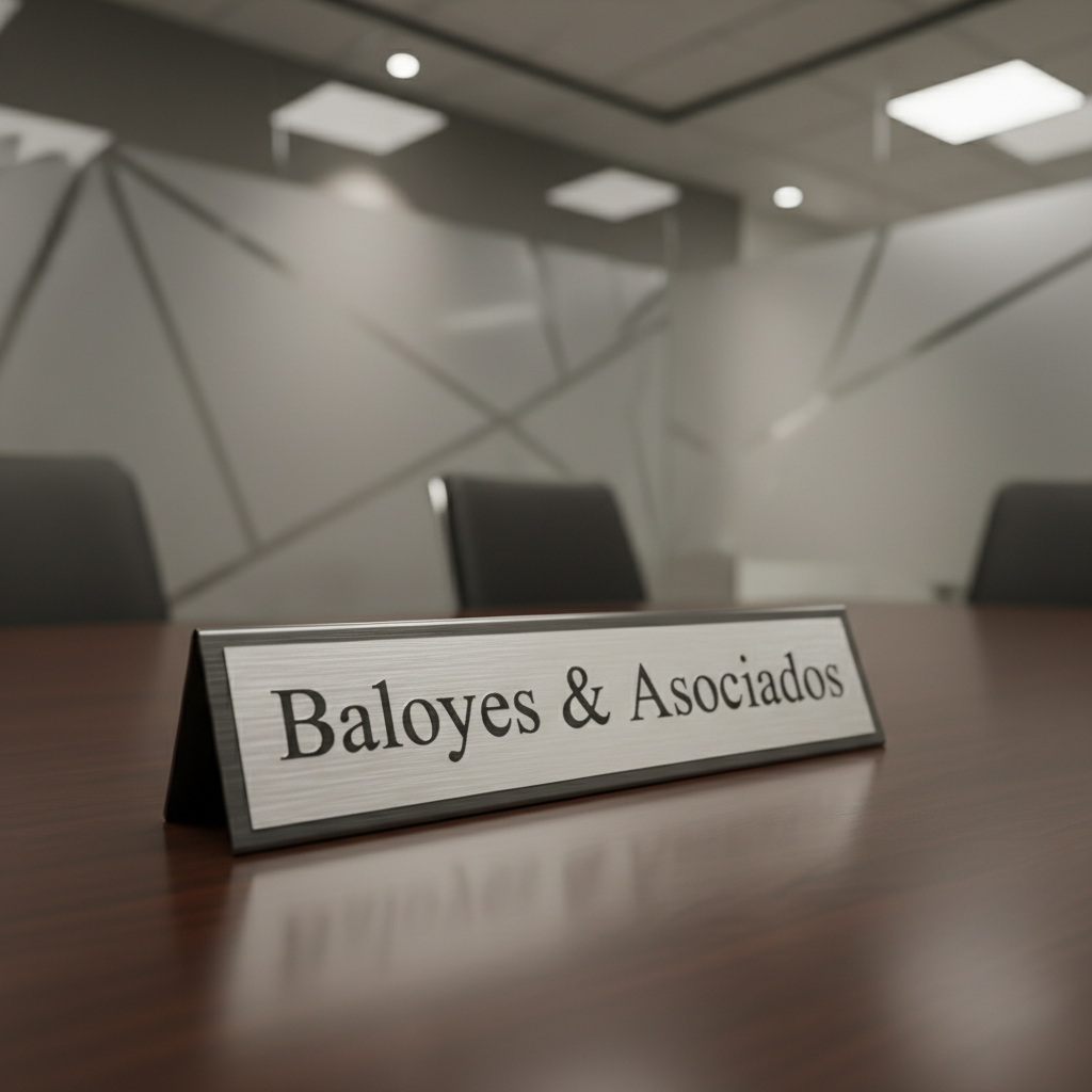 A close-up of a polished silver nameplate engraved with 'Baloyes & Asociados', placed on a dark walnut conference table with a satin finish. The surrounding environment is a modern boardroom, featuring a blurred background with geometric frosted glass partitions and subtle, neutral-toned walls. Gentle overhead lighting casts soft, even illumination across the metallic nameplate and table surface, producing subtle reflections and smooth gradients. Photographed from a slightly angled perspective with a shallow depth of field to emphasize the tactile quality and professionalism conveyed by the nameplate. The mood is refined, composed, and authoritative, employing photographic realism with a structured, corporate style.