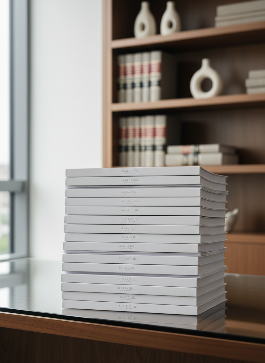 A stack of meticulously organized legal documents in pristine white folders with subtle embossed firm logos, resting on a sleek, glass-topped executive desk. The background features understated shelving with neutral-toned legal books and tasteful, minimalist office decor. Soft diffused natural light from a large window bathes the scene, creating clean gentle highlights and well-defined, calm shadows along the desk's edges. Captured at an eye-level angle using a balanced composition that draws focus to the neat documentation and structured setting. The atmosphere reflects professionalism, clarity, and order, enhanced by a photographic realism with clean lines and a corporate, minimalist aesthetic. Perfect for illustrating meticulous attention to detail in a law office environment.